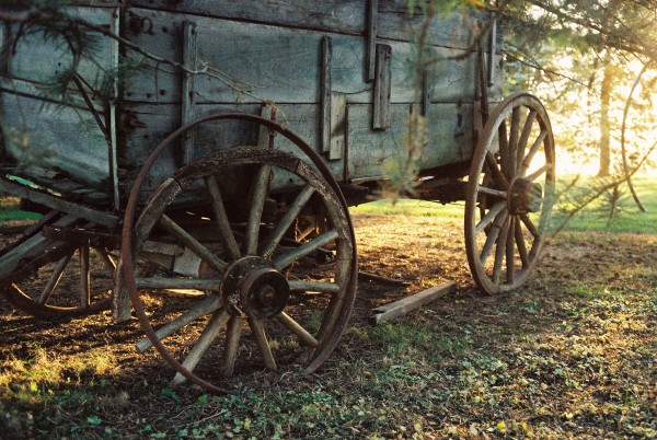 Wagon Wheels Color photo of an old wooden wagon in somewhat dilapidated condition with the wheel closest to the camera having separated from the metal hoop and missing a couple spokes. The scene is light from the right with a strong golden light filtered through green tree branches.