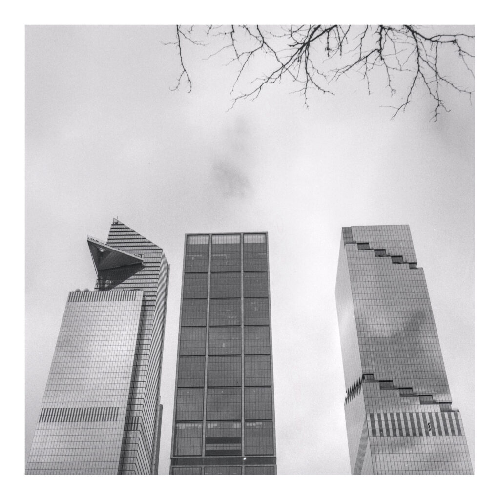 Alt-text description: Black and white photo of three sky scrapers with glass window facades are lined up with two on the left closer together and the right one with more a gap with the middle building. Each building a different take on rectangle, from left to right: stacked rectangles with triangle shapes sticking out the top, proper rectangles with square segments, rectangle exterior windows facade broken up with recessed rectangles angling down. The top right of the photo has leafless tree branches encroaching towards the top of the buildings.